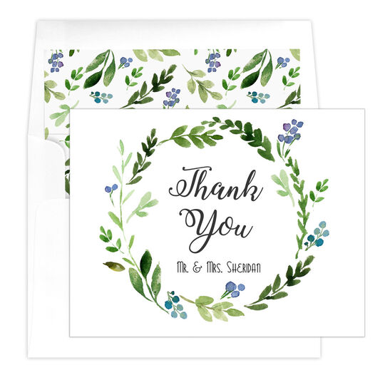 Green Wreath Thank You Folded Note Cards